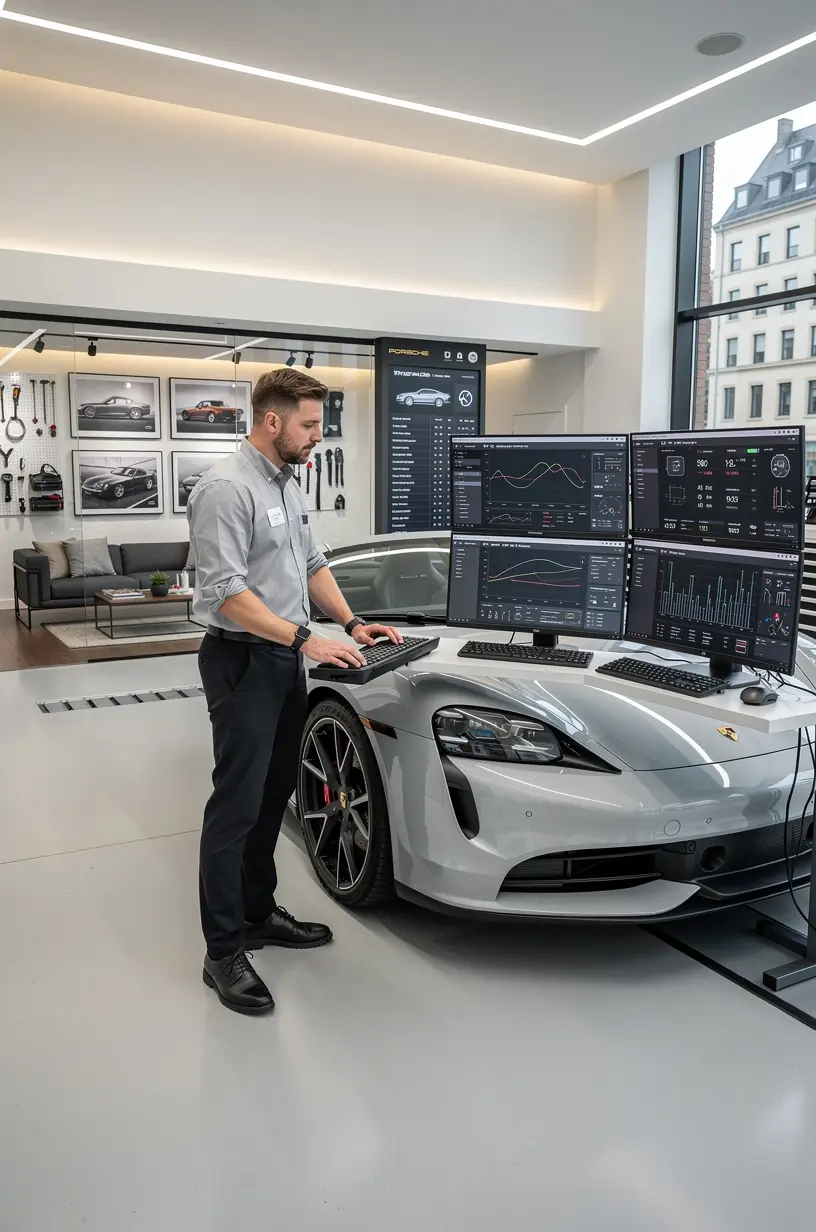 Kundengespräch in einem exklusiven Auto-Servicezentrum über individuelle Pflege- und Wartungspläne.