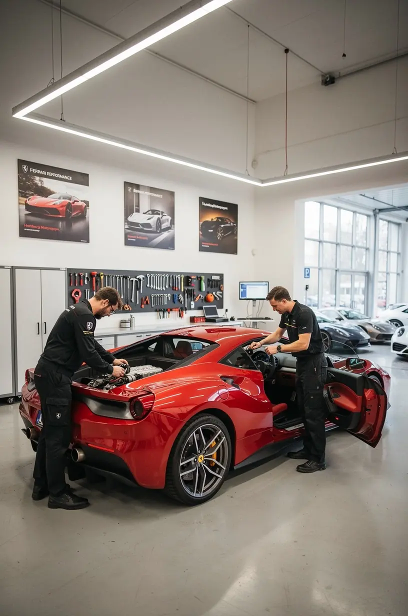 Professioneller Autodesigner bei der präzisen Fahrzeugaufbereitung in einer deutschen Servicewerkstatt.
