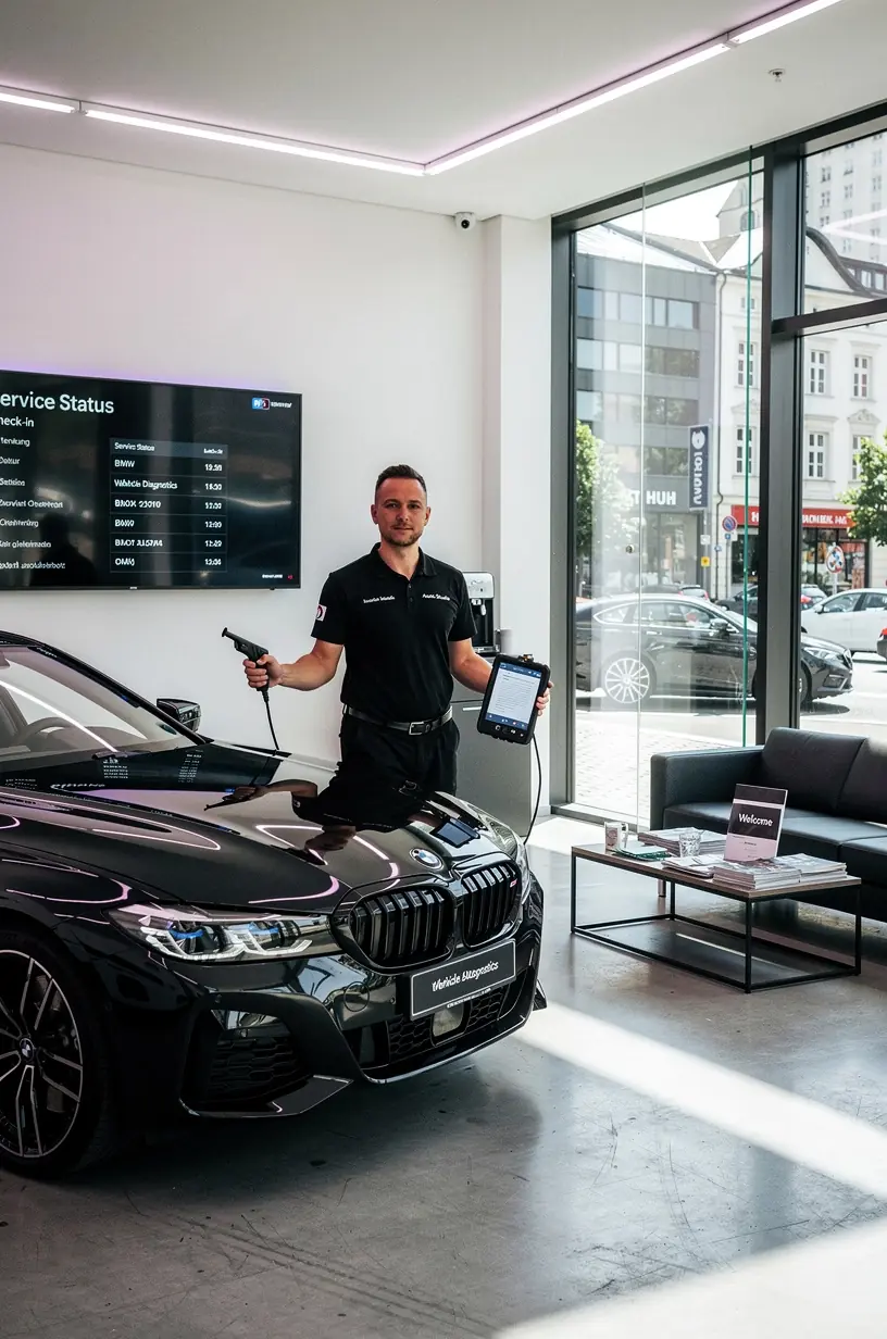 Polierte Oberfläche eines Premiumfahrzeugs nach umfassender Innen- und Außenreinigung.